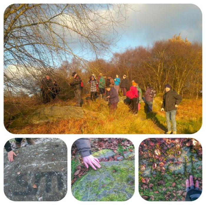 A composite of four photographs - in the top image, a group of around ten people views a rock art panel. The smaller three images show close ups of community members' hands near rock art and graffiti. 