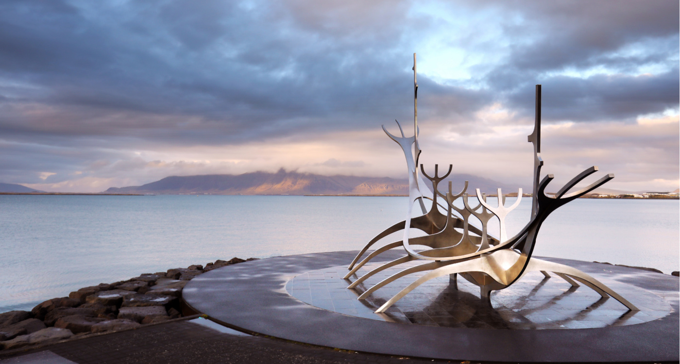 Sun Voyager monument with the sea in the background.