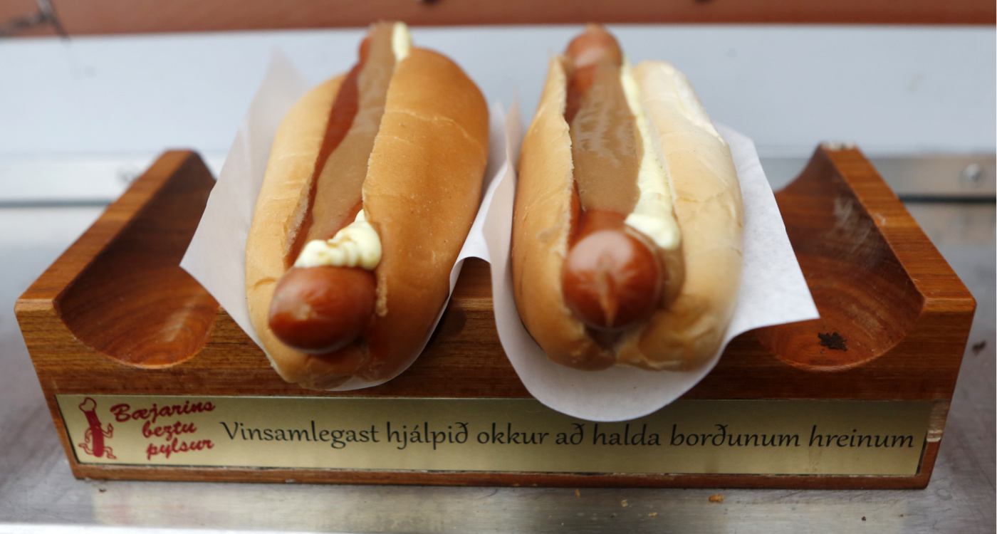 Traditional Icelandic hot dogs topped with mayonnaise, mustard and onion.