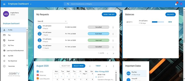 CoreHR screenshot - employee dashboard 650
