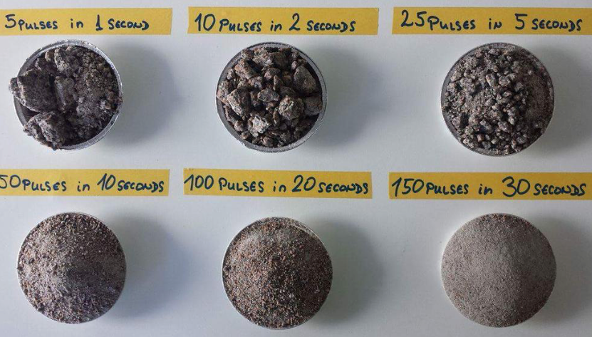 Variety of samples fragmented by SELFRAG. Particle size decreases with extended application time. 