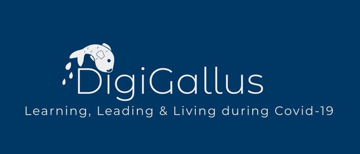 DigiGallus logo - a fish with the text 'Learning leading and living during Covid-19' on a blue background