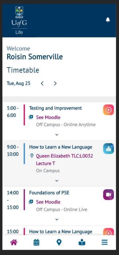 Screenshot of timetable homepage in new UofG Life app in list view