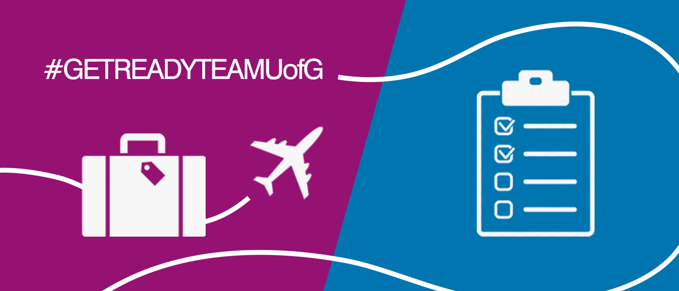 Get Ready Team UofG visual, with a suitcase and a plane on a thistle and cobalt background