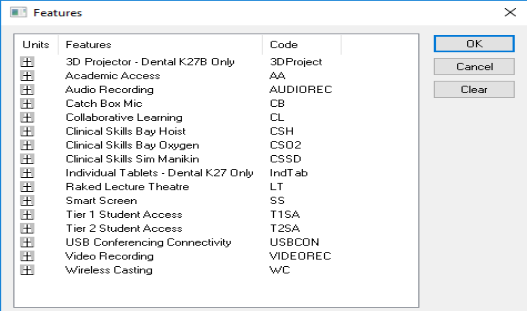 A screenshot from CMIS showing the Features window.