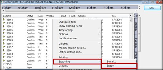 A screenshot from CMIS showing how to export from a Timetable window.