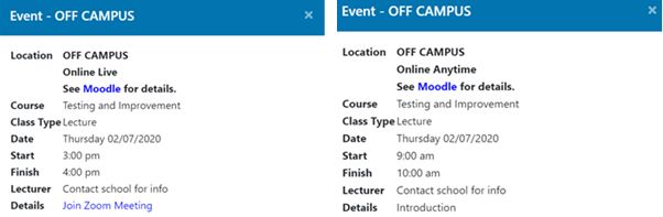 Screenshots from the Mobile App showing examples of Off Campus and On Campus events.