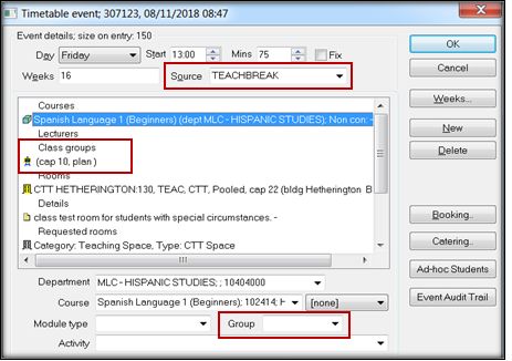 A screenshot from CMIS showing an event window, highlighting the Source, Class Groups, and Group fields.