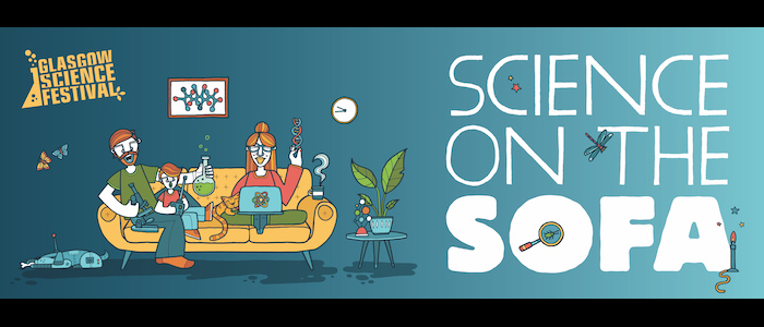 The hand-drawn promotional poster for the Science on the Sofa programme, showing a man, woman and child on the sofa with a laptop and a selection of science experiments