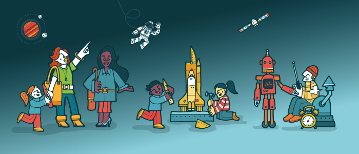 adults and children with a robot rocket and spaceman