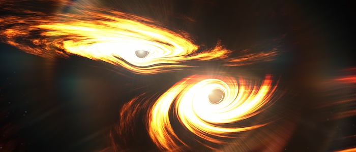 An artist's impression of the collision of two black holes to form an intermediate-mass black hole
