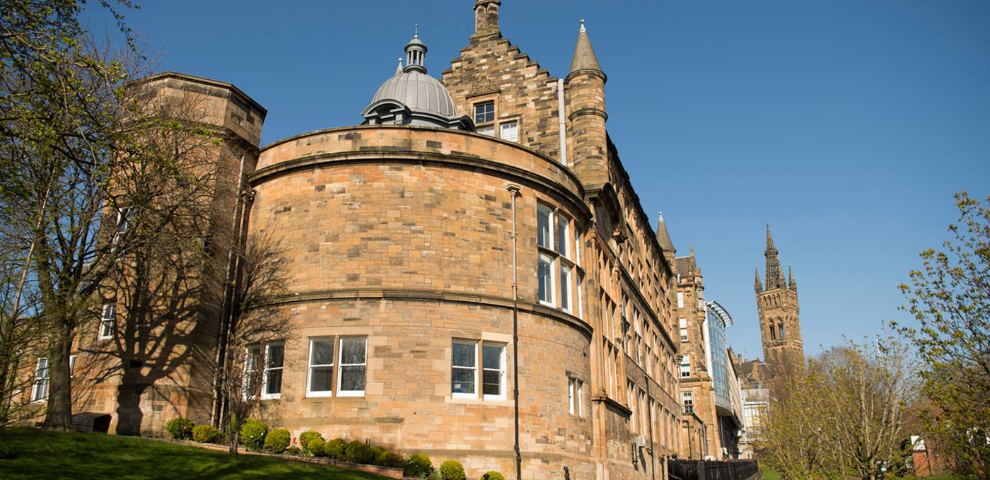 An image of the Sir James Black building looking up towards the University tower, taken in 2020