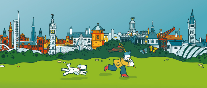 graphic of glasgow city scape and man chasing butterflies with net