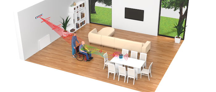 An artist's impression of how the Healthcare QUEST system might work, showing a patient in a wheelchair being pushed across a living room, while a red line from a monitor on the wall shows how their health is being monitored and a second red line heading towards a base station on a table shows how the information is stored and shared.