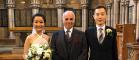 Bride and groom, Yangling and Louie, with Professor Phillip Schlesinger, who walked her down the aisle