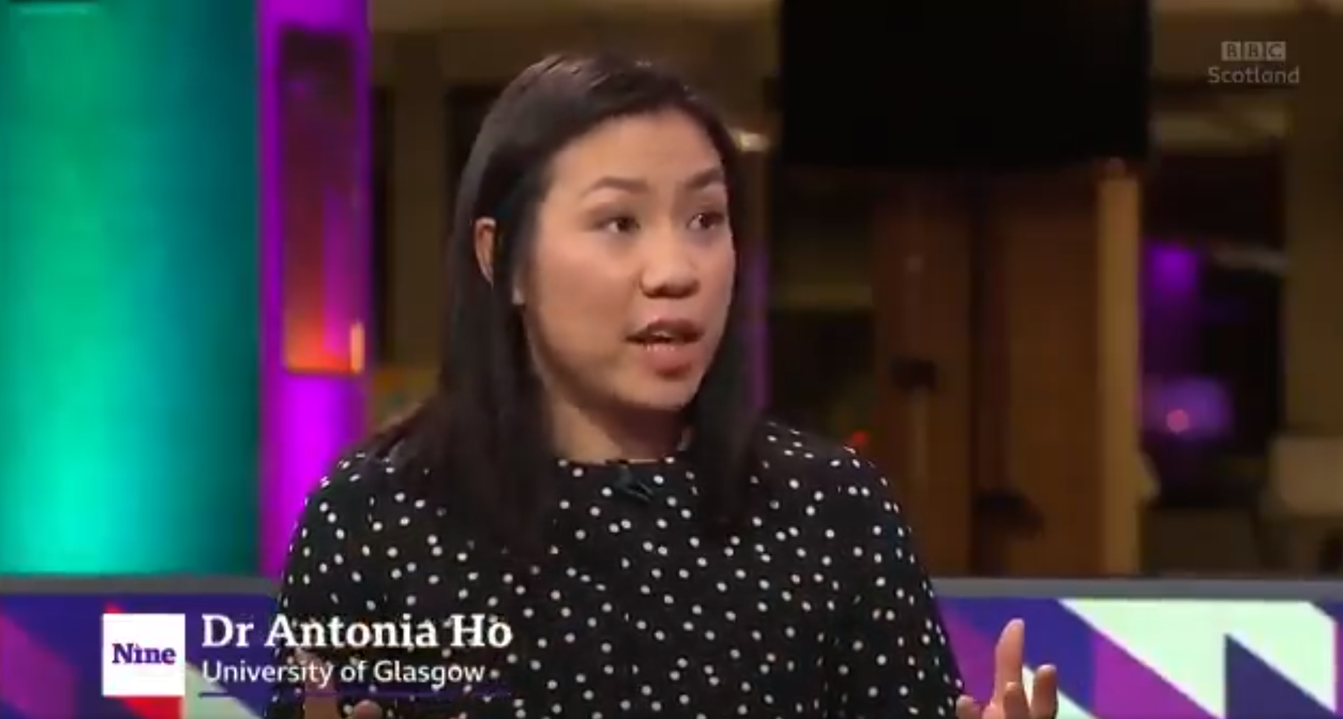 Dr Antonia Ho sat in the BBC the Nine studio talking on air