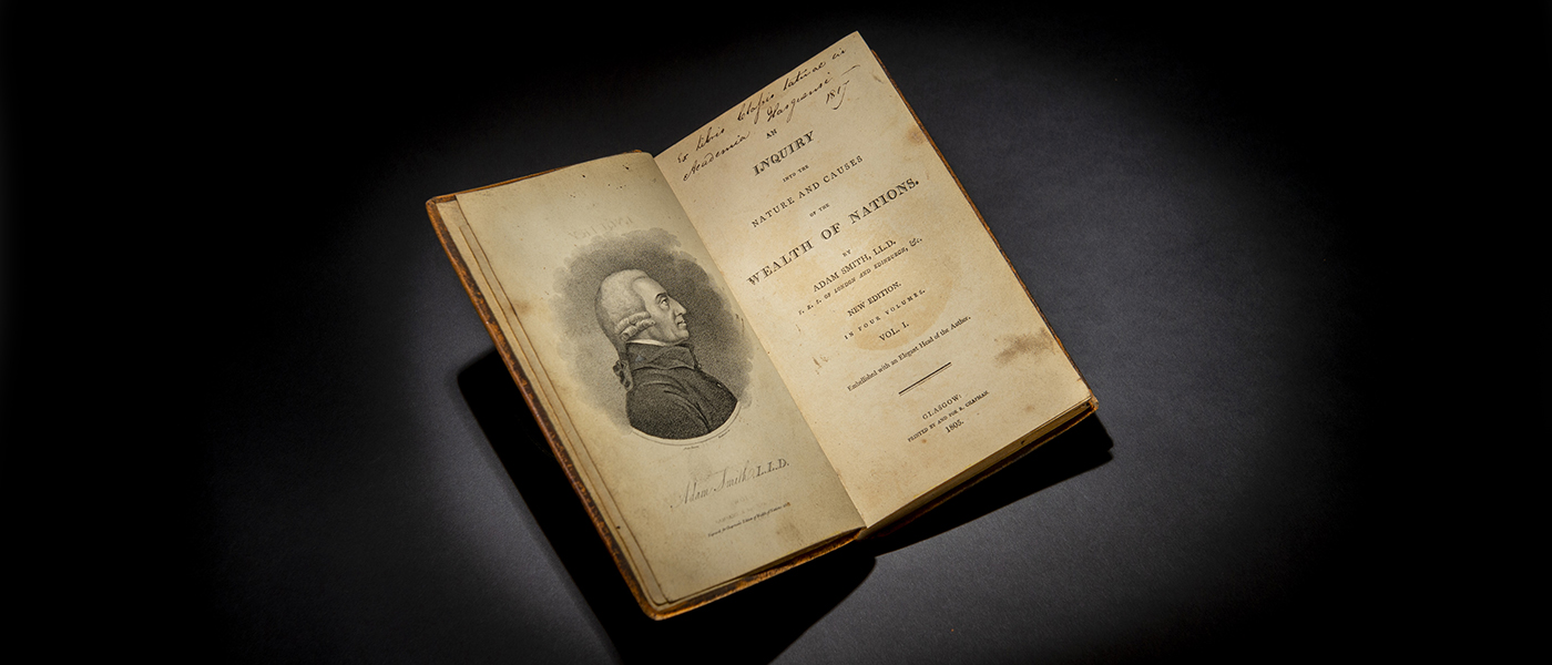 Open copy of Adam Smith's 'An Inquiry into the Nature and Causes of the Wealth of Nations '
