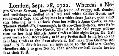 Newspaper ad for runaway slave Peggy