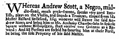 Newspaper ad for runaway slave Andrew