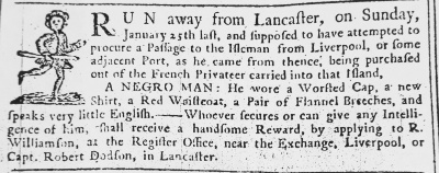 Newspaper ad for runaway slave, unnamed man