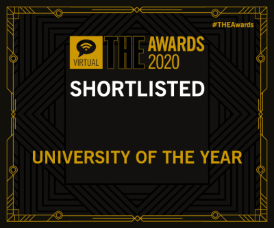 Badge showing that we have been shortlisted as Times Higher Education University of the Year