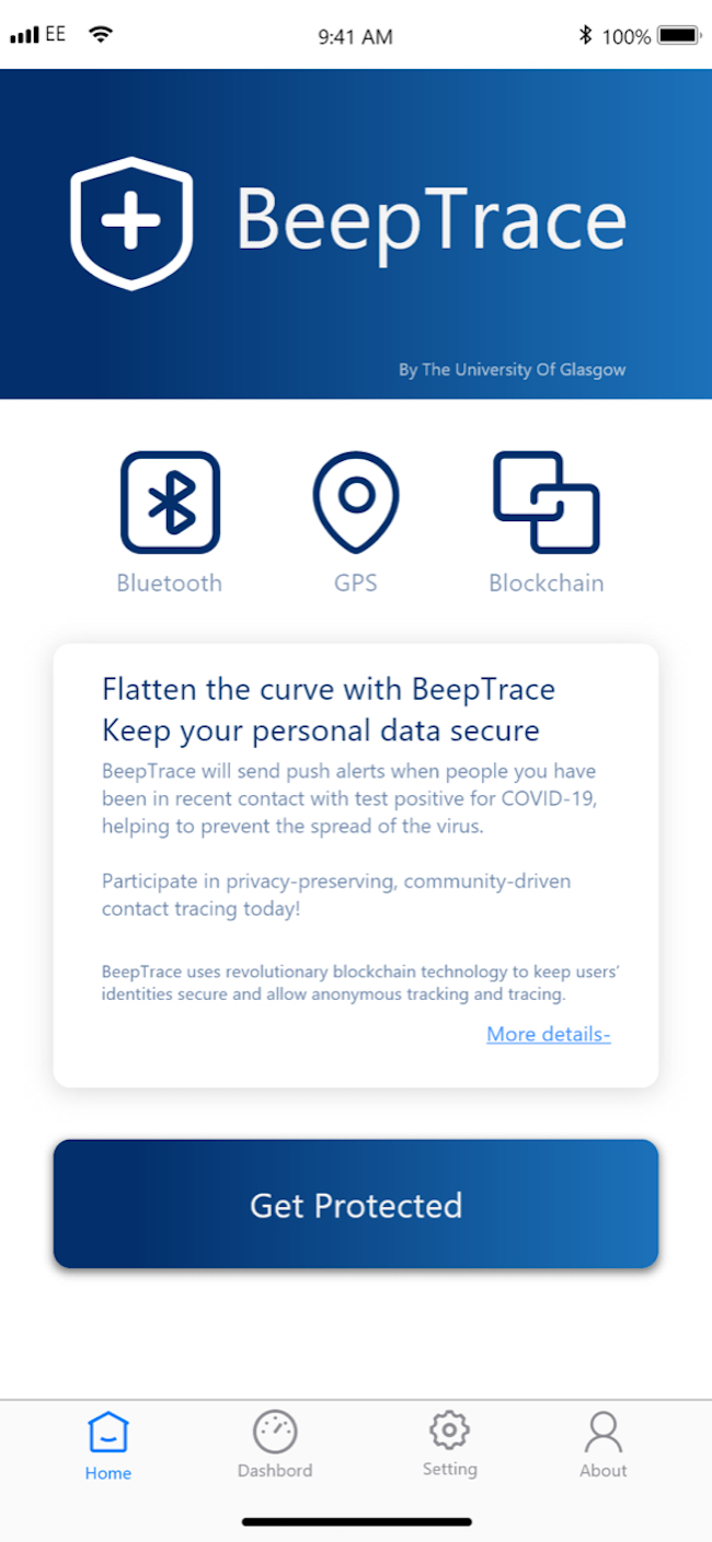 A mockup of how the front page of the BeepTrace App might look on smartphone screens. 