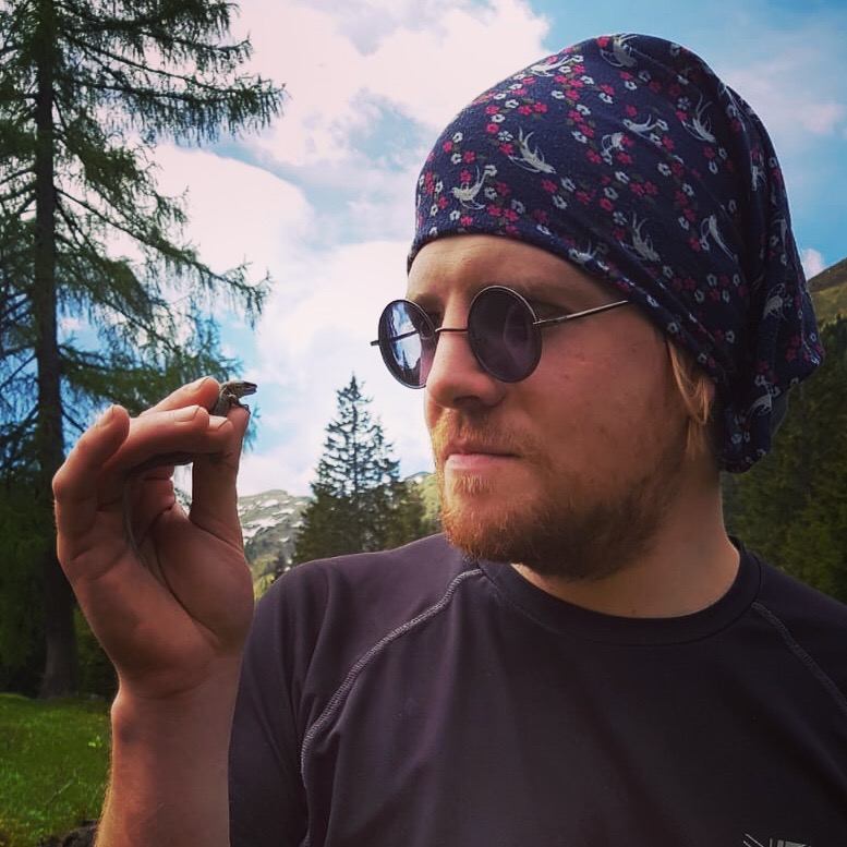 Photograph of John in the Carinthian Alps, holding a freshly caught male common lizard