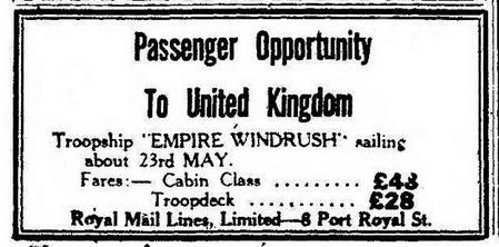 Citation: Advert for passage on Empire Windrush from Kingston, Jamaica to the UK, The Daily Gleaner, 15 April 1948 By Source (WP:NFCC#4), Fair use, https://en.wikipedia.org/w/index.php?curid=57367913