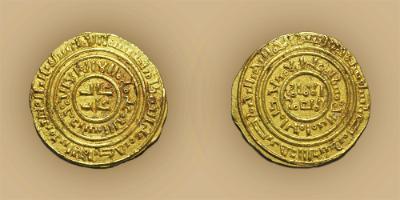 Saracen bezant, c.1148 – 1187, gold, Kingdom of Jerusalem, GLAHM:46629, McFarlan.