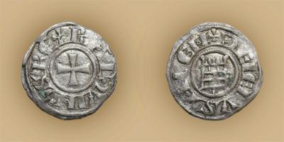 Baldwin III, king of Jerusalem, billon denier, 1143 – 1163, silver alloy, Kingdom of Jerusalem, GLAHM:39477, McFarlan. 