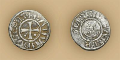 Raymond II/III, counts of Tripoli, billon denier, late 1140s – c.1164, silver alloy, Tripoli, GLAHM:39472 McFarlan.