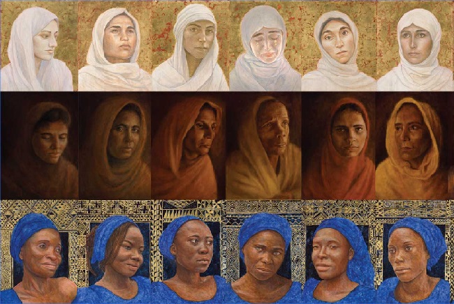 A photo montage of paintings featured in Hannah Rose Thomas' Tears of Gold for the UN75 online exhibition