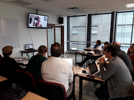 González-Moreno, Co-Investigator from Mexico, presenting on Skype at the 1st TAI Workshop in Colombia 29 July 2019