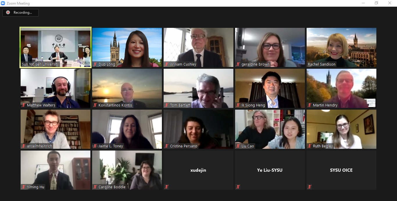 A screenshot of University of Glasgow and Sun Yat-Sen University representatives over Zoom