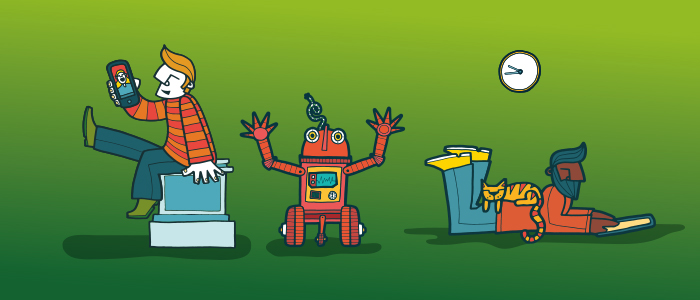 One guy on phone one guy reading and a robot