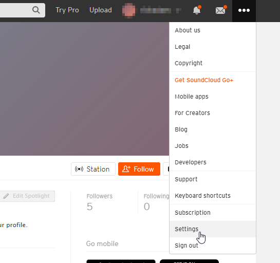 Soundcloud settings menu