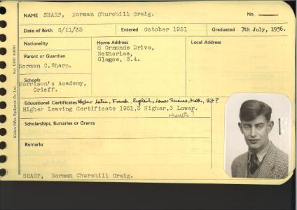 Graduate record card for Craig Sharp including photograph