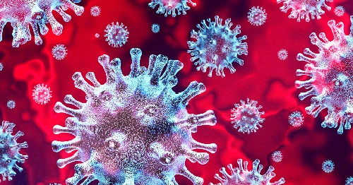 White image of virus on red background