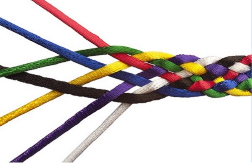 Multicoloured cords coming together in a plait