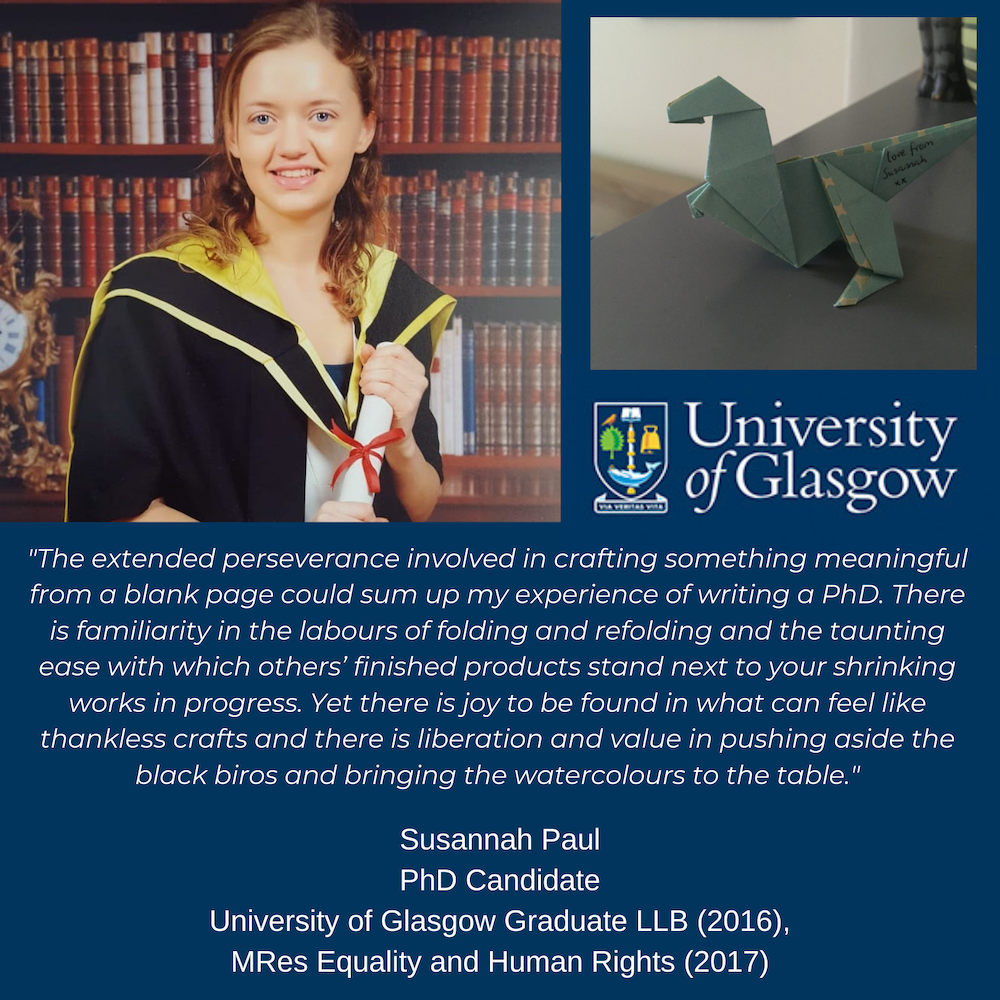 Female graduate and origami dinosaur and quote