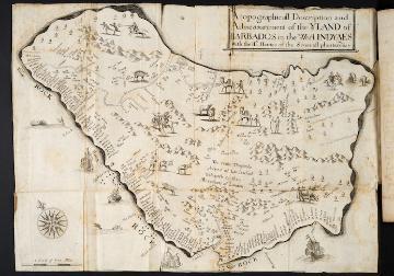 Map of Barbados from 'A history of the island of Barbados. Illustrated with a mapp [and] plots Together with the whole processe of sugar-making' by Richard Ligon, London, 1657 (Sp Coll Hunterian K.3.3)