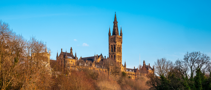 View of the Glasgow university tower from the riverbank