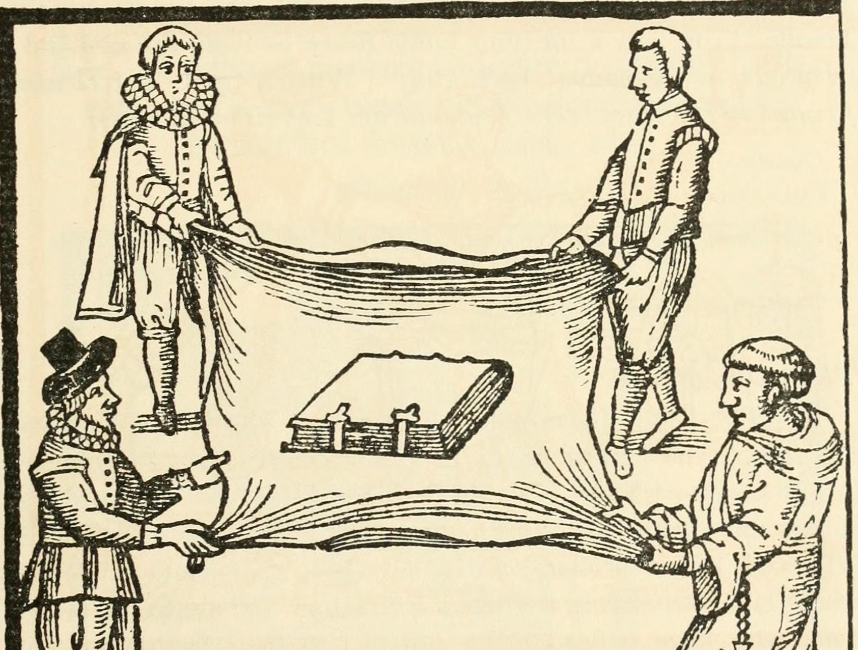 A woodcut showing a book held on a sheet