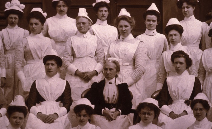 Mrs Rebecca Strong surrounded by nursing staff
