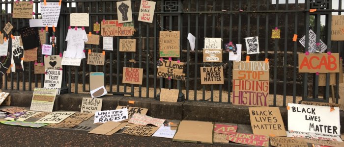 Home-made Black Lives Matter messages on railings