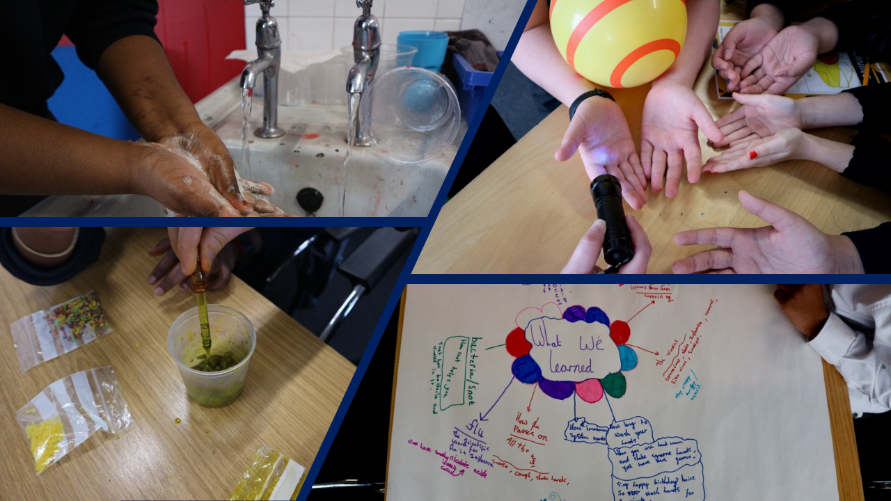 A collage of images from the Co-Immunicate project, including kids washing their hands, performing a snot test, and producing a poster to show what they had learned