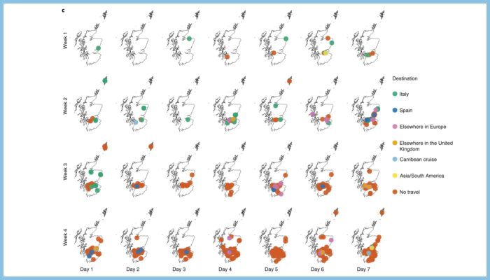 Spatial distribution and associated travel history over the first 4 weeks of the outbreak. Testing of community cases ceased on day 1 of week 3 (14 March) and lockdown occurred on day 2 of week 4 (23 March).