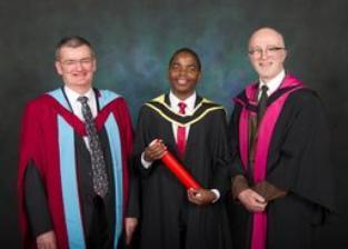 Nelson Simwela Graduation with Paul Garside and Andy Waters