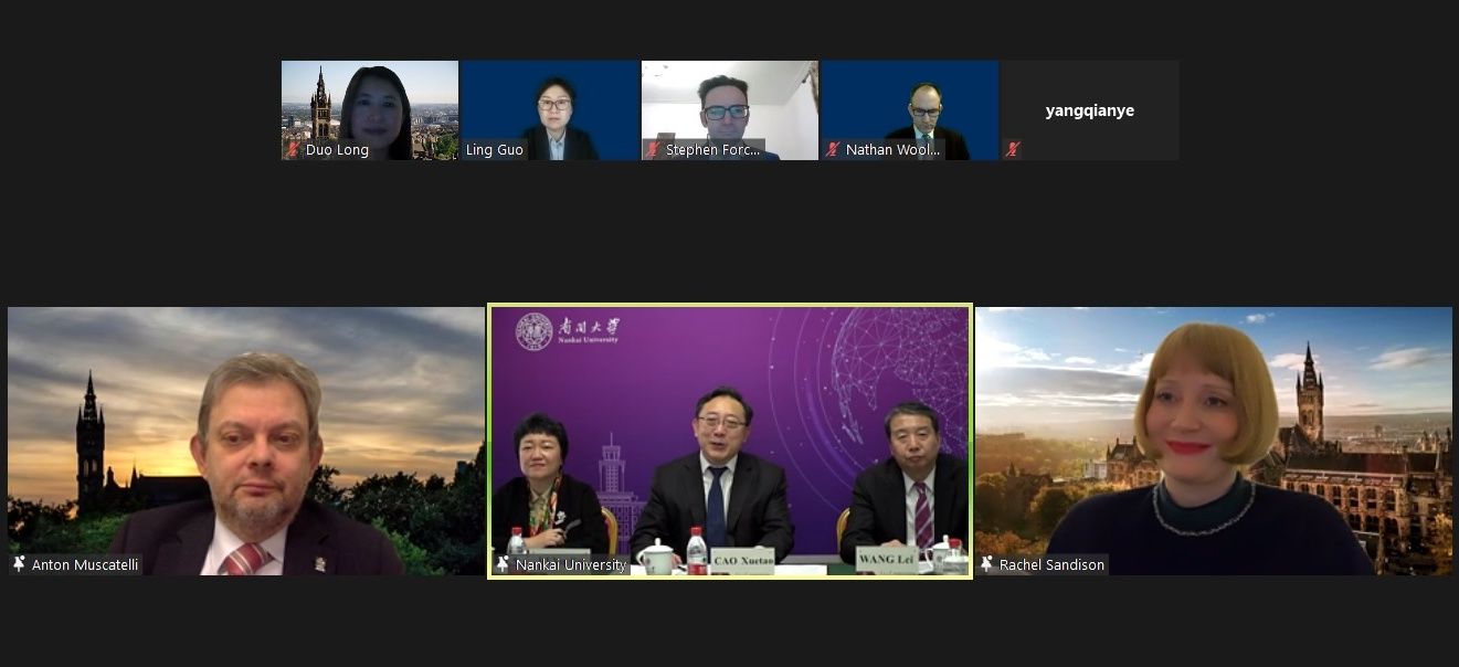 Screenshot from a Zoom meeting of staff from the University of Glasgow and Nankai University signing an agreement