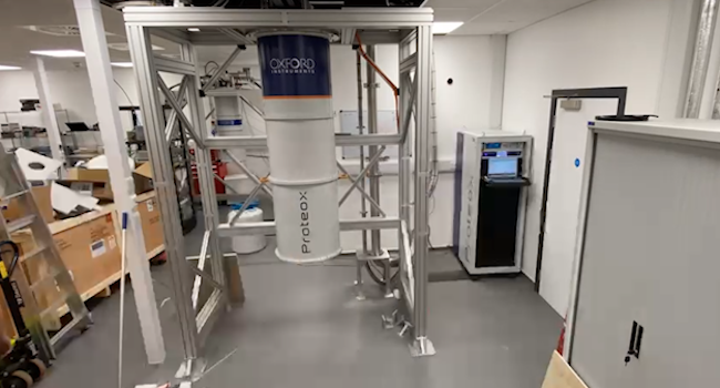 An image of the Proteox refrigerator installed in the Quantum Circuit Group's laboratory